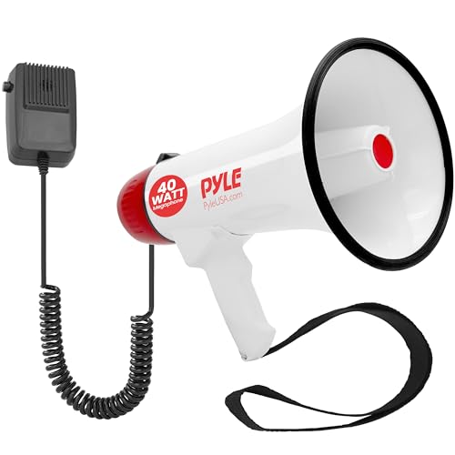 Pyle Megaphone Speaker PA Bullhorn - Built-in Siren Rechargeable Battery, Auxiliary Jack 40Watts & 1000 Yard Range - Record Function Ideal for Cheerleading Fans, Coaches or for Safety Drills - PMP48IR