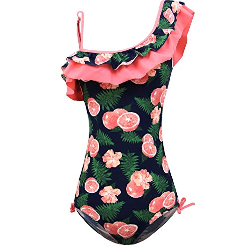 KALAWALK Girls Bright Lemon Double Ruffle One Shoulder Adjustable Swimwear Fashionable One Piece Bathing Suit (water melon red, S(8):7y-8y)
