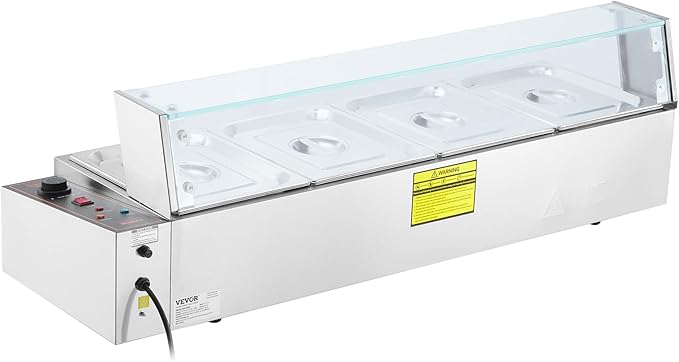 VEVOR 4-Pan Commercial Food Warmer, 4 x 12QT Electric Steam Table with Glass Cover, 1500W Countertop Stainless Steel Buffet Bain Marie 86-185°F Temp Control for Catering, Restaurants, Silver