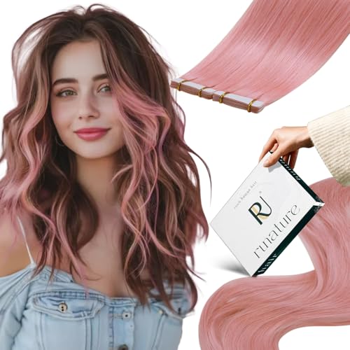 RUNATURE Tape in Hair Extensions Human Hair Pink Hair Extensions Human Hair Tape in Extensions 12 Inch Glue in Short Hair Invisible Seamless Tape in Hair Extensions Real Human Hair for Kids 20g 10pcs