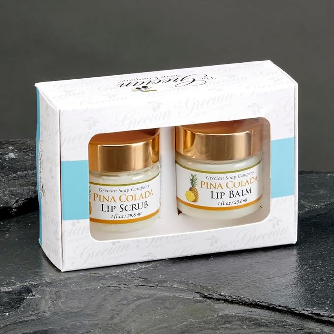 Grecian Ultimate Lip Care Gift Set Pina Colada Flavor - All-Natural Handmade Lip Scrub Exfoliator & Lip Balm for Dark Lips, 4 Flavors, Lip Lightening & Hydration, Soft and Plump 2oz