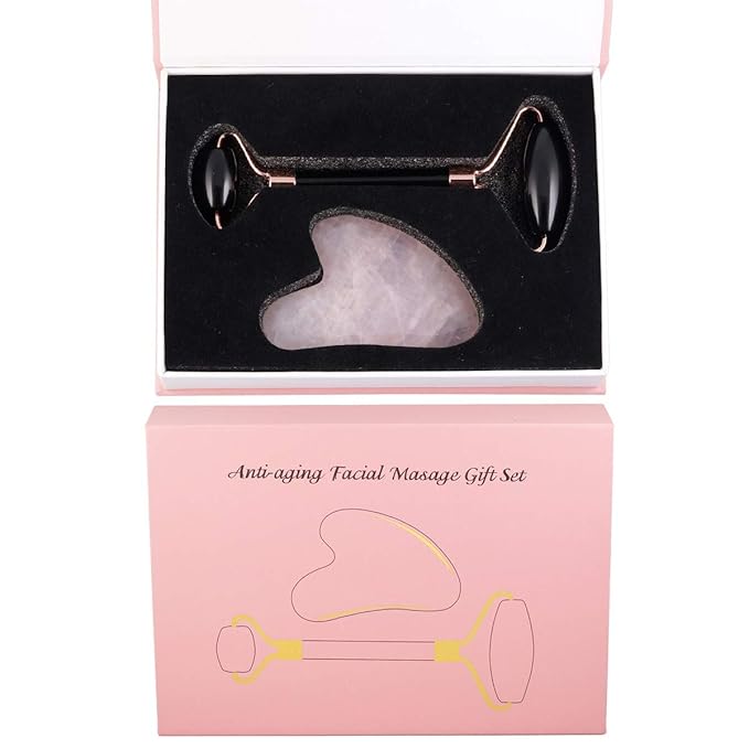 Rockcloud Natural Crystal Jade Roller and Gua Sha Scraping Set Massager Tool for Anti Aging Beauty Neck Body Reduce Wrinkles Facial Massager Therapy Black Obisidian and Rose Quartz Crystal Stone