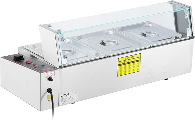 VEVOR 3-Pan Commercial Food Warmer, 3 x 8QT Electric Steam Table with Glass Cover, 1500W Countertop Stainless Steel Buffet Bain Marie 86-185°F Temp Control for Catering, Restaurants, Silver
