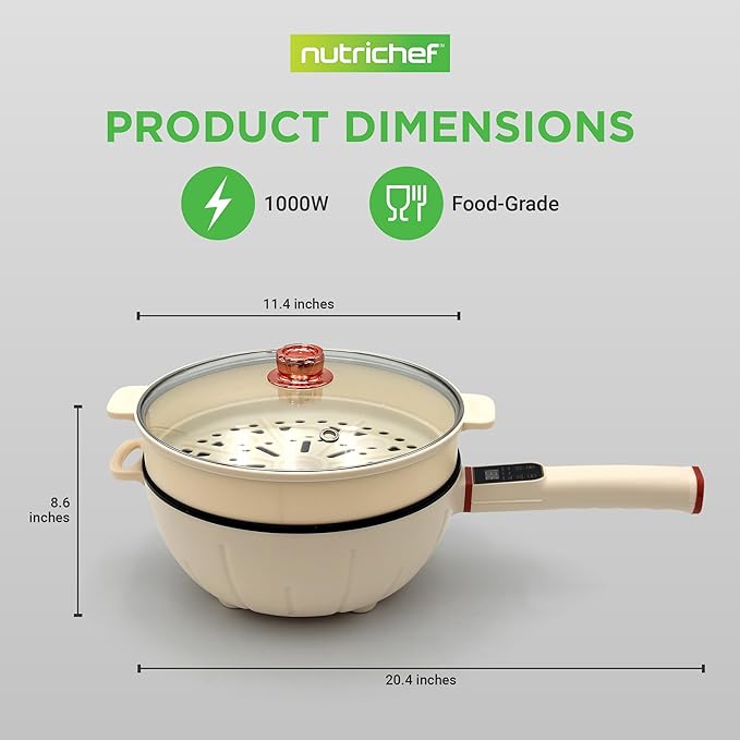 Nutrichef 4L Electric Frying Pan & 4L Steamer | Multifunctional Portable 1000W Non-Stick Pot for Cooking | Durable Heat Safe Handle | Touch Control Panel | Electric Hot Pot | White