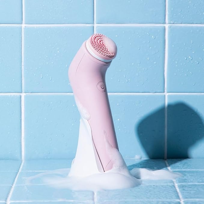 Fancii Facial Cleansing Brush with Self Cleaning Station, Rechargeable & Waterproof - Electric Face Scrubber for Gentle Exfoliation and Deep Scrubbing - 2 Exfoliating Brush Heads, Skylar (Pink)