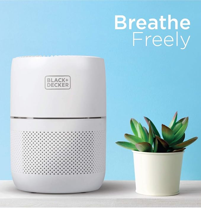 BLACK+DECKER Tabletop Air Purifier, HEPA Air Purifier for Rooms Up To 435 Sq. Ft. per 5 Air Changes, 3-Stage Filtration System with Carbon Filter, ENERGY STAR Certified, BAPT01, White