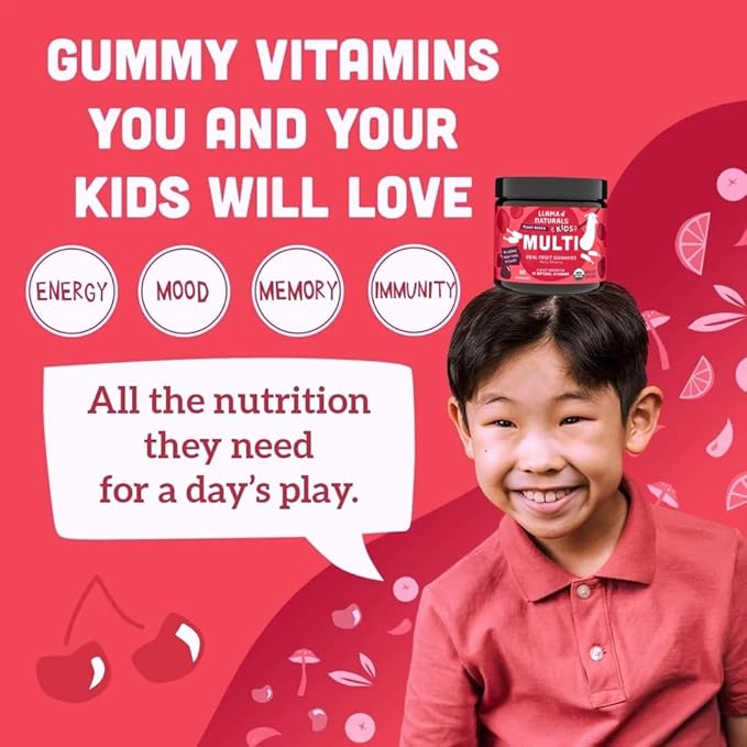 Llama Naturals Kids Multivitamin Gummies, Vegan, Organic with Vitamin D, C & K, Toddler Real Fruit Gummy Vitamins, Chewable Supplement, Whole Food Multivitamin, No Added Sugar Cane, Cherry, 2 Pk
