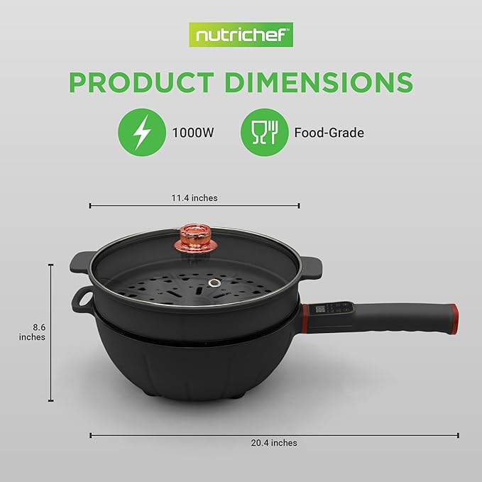 Nutrichef 4L Electric Frying Pan & 4L Steamer | Multifunctional Portable 1000W Non-Stick Pot for Cooking | Durable Heat Safe Handle | Touch Control Panel | Electric Hot Pot | Black