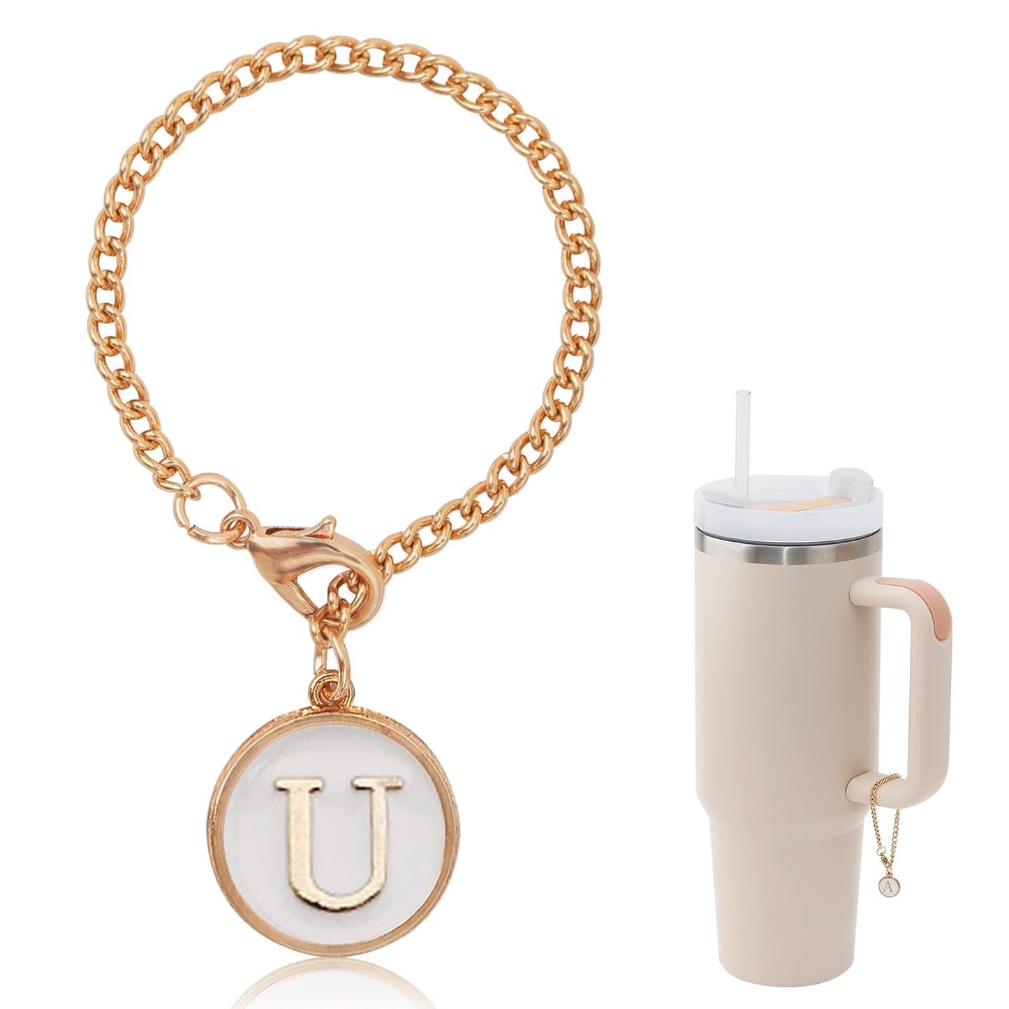 Letter Charm Accessories For Stanley Cup,Gold Initial Chain Water Bottle Name Id Charms for Tumbler,Yeti, Simple Modern Cups Handle (U)