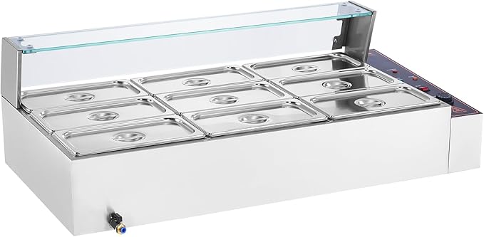 VEVOR 9-Pan Commercial Food Warmer, 9 x 8QT Electric Steam Table with Glass Cover, 1500W Countertop Stainless Steel Buffet Bain Marie 86-185°F Temp Control for Catering, Restaurants, Silver
