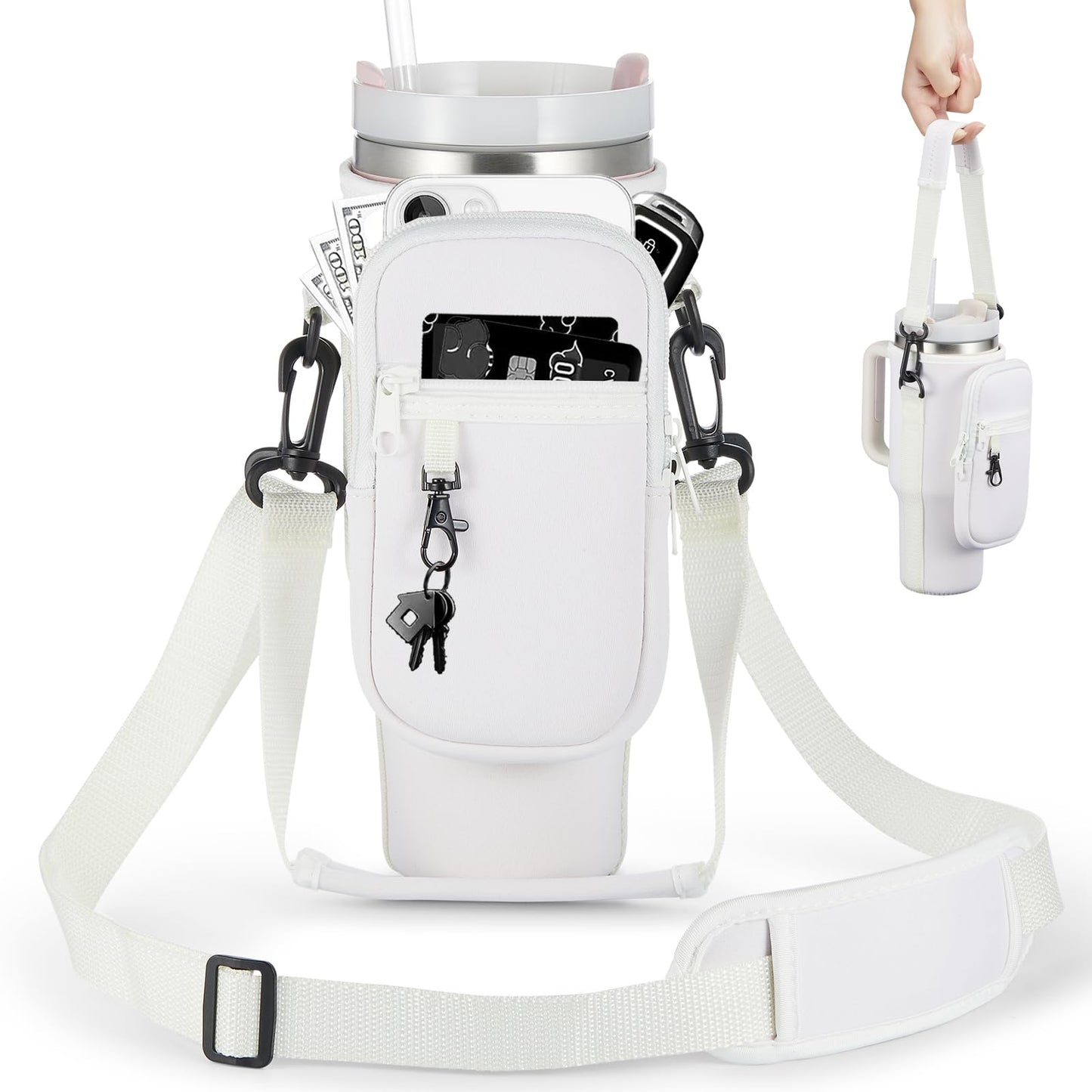 BULKITEM 30oz Water Bottle Carrier Bag with Phone Pocket for Cream Stanley 30 oz Tumbler with Handle, Cream Insulated Neoprene Cup Holder Pouch Strap for Stanley Cup Accessories