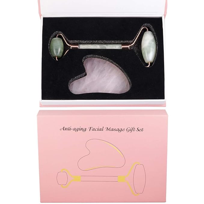 Rockcloud Natural Crystal Jade Roller and Gua Sha Scraping Set Massager Tool for Anti Aging Beauty Neck Body Reduce Wrinkles Facial Massager Therapy Xiuyan Jade and Rose Quartz Crystal Stone