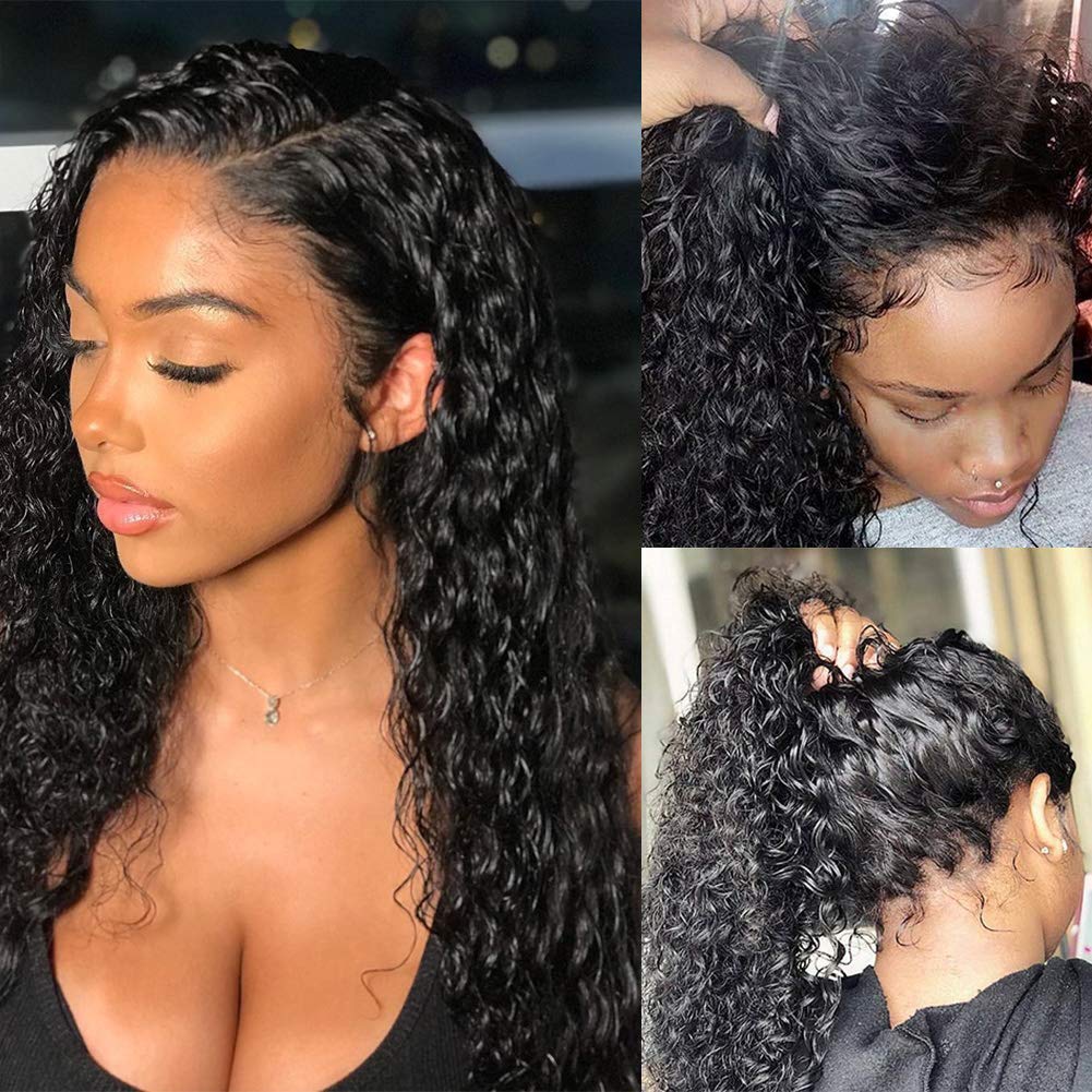 Pizazz Deep Wave Lace Front Wigs Human Hair Pre Plucked180 Density 13x4 HD Lace Frontal Human Hair Wigs with Baby Hair (16 Inch, Black color)