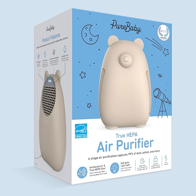 Pure Enrichment PureBaby Kids Bear Air True HEPA Air Purifier - Energy Star Rated, 4 Stage Filtration, UV-C Light, Night Light for Medium-Large Rooms - Baby Nurseries, Kid Bedrooms (Sweet Oat)