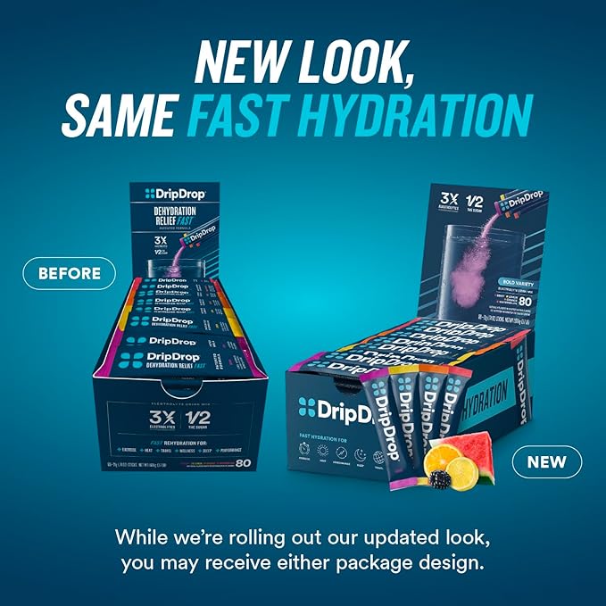 DripDrop Hydration Packets - Bold Variety Pack - Single Serve Electrolytes Powder Drink Mix - Watermelon, Berry, Lemon, Orange - Non-GMO, Gluten Free, Vegan - 80 Sticks