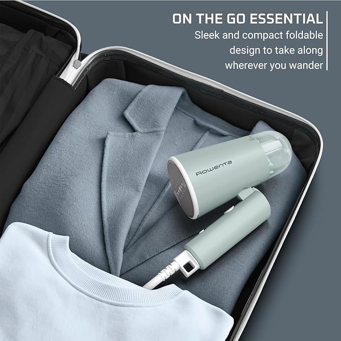 Rowenta Mini Travel Steamer for Clothes, Portable Handheld Steamer with 2.3 Oz Tank, Foldable, 1100 Watts, Ironing, Travel Essentials, Green, DR1014