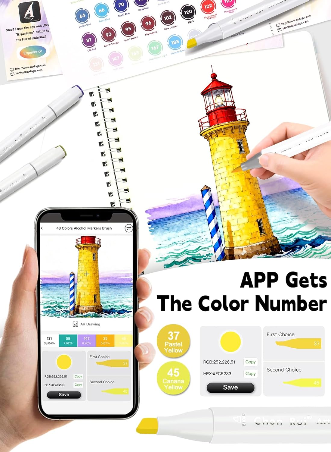 YHC 48 Colors Alcohol Brush Marker with Free App,Dual Tips Art Markers for Adults and Kids, Alcohol Based Brush & Chisel Tips Markers for Drawing, Coloring, Painting, Sketching