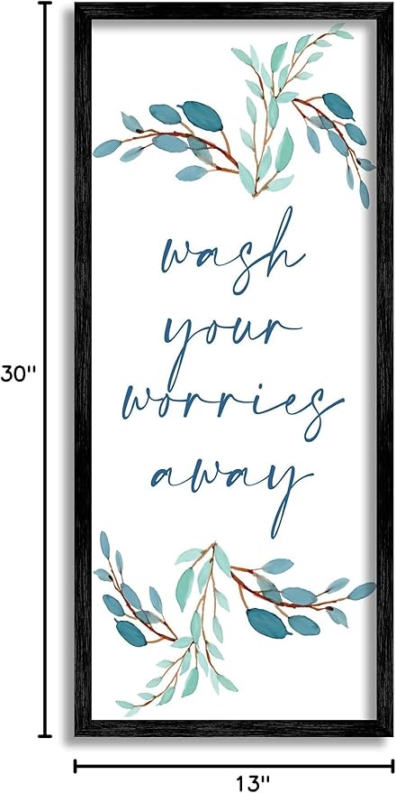 Stupell Industries Wash Your Worries Away Bathroom Phrase Blue Plants, Designed by Kim Allen Black Framed Wall Art, 13 x 30