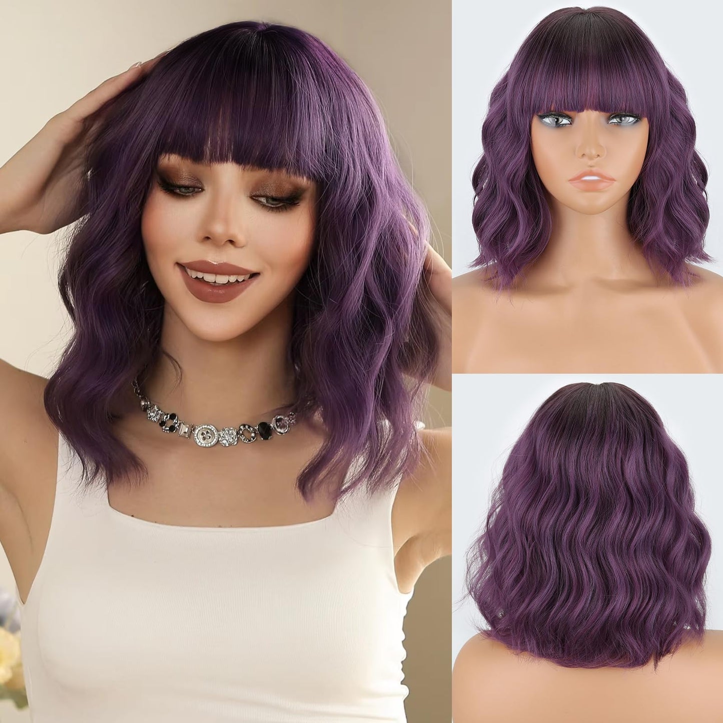 MISSQUEEN Ombre Dark Purple wig with bangs Short Wavy Purple Wigs for Women Natural Heat Resistant Fiber Synthetic Curly Dark Purple Bob Wigs for Daily Party Festival Halloween Travel Used