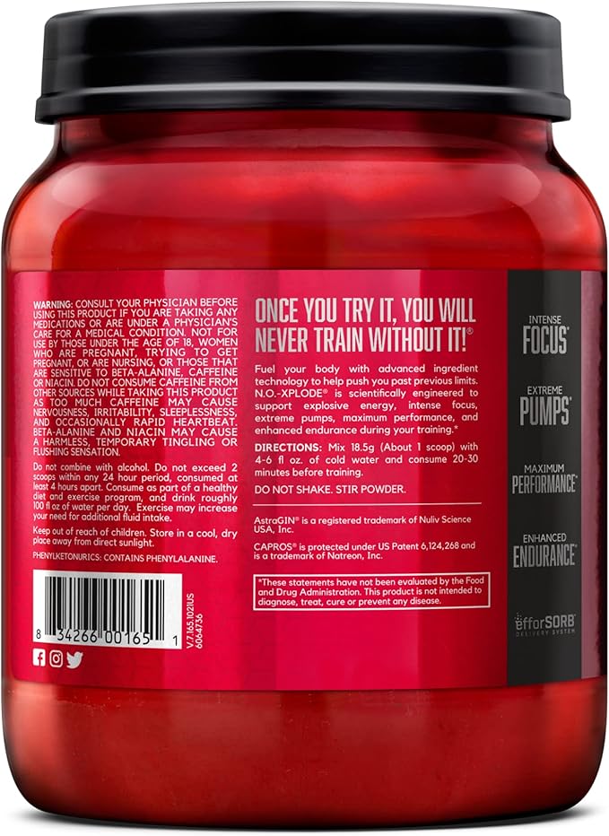 BSN N.O.-XPLODE Pre Workout Powder, Energy Supplement for Men and Women with Creatine and Beta-Alanine, Flavor: Green Apple, 60 Servings