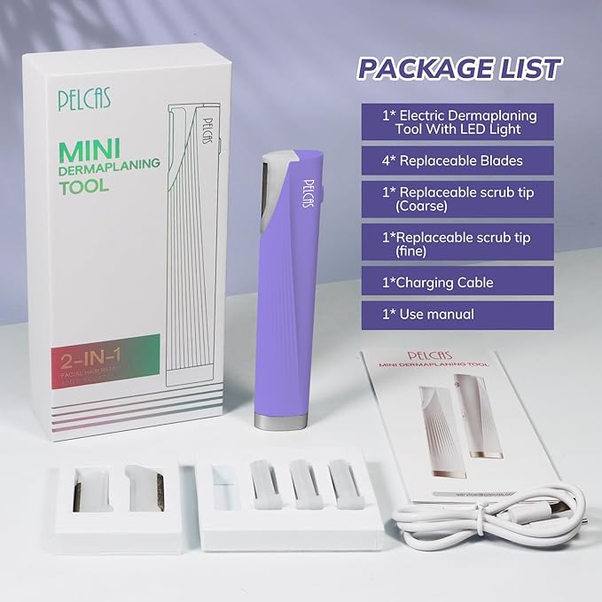 PELCAS Electric Dermaplaning Tool with LED Light, Mini Face Dermaplaning Razor, Painless 3 Speeds Facial Peach Fuzz, Exfoliation & Hair Removal System for Women At Home with 6 Blades BV18-712 Purple
