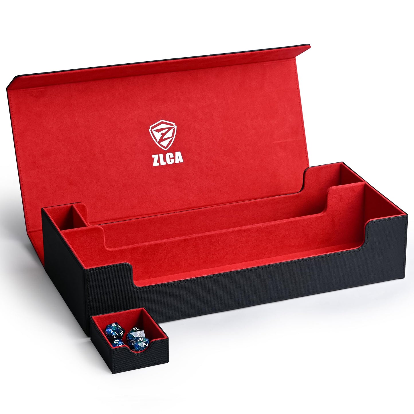 ZLCA X-Large Card Deck Box, Premium Trading Card Storage Box Fits 5 Pcs Small Deck Box with Playmat Case and Removable Dice Tray, Card Deck Case Fits TCG/MTG/Magic/Commander/Yugioh (XL-Black&Red)