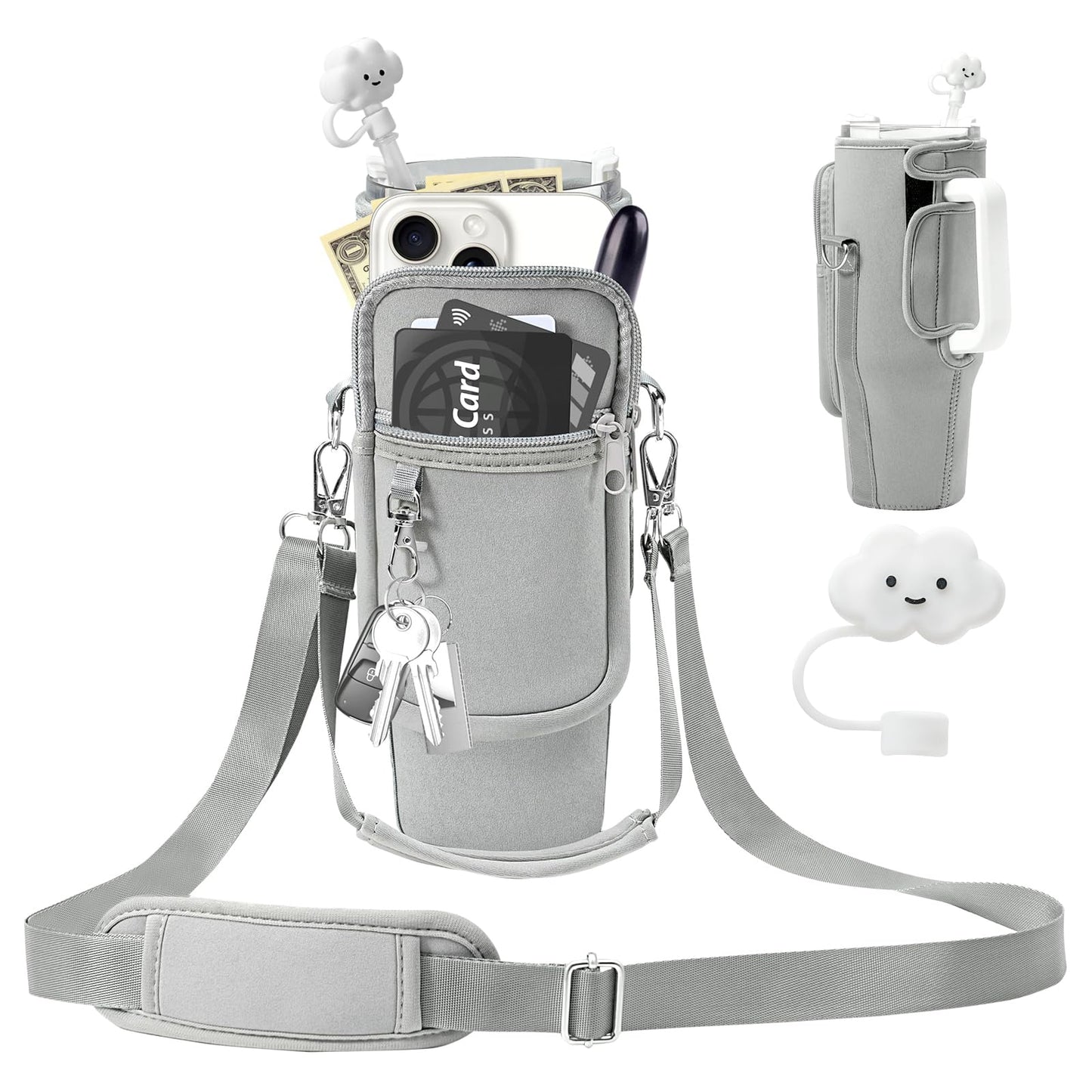 PRAGATISM Water Bottle Holder with Strap Pouch and Handle fits for Stanley 40/30 oz Tumbler, Water Bottle Carrier Bag with 4.9FT Strap, Bottle Pouch for Stanley Cup Accessories (Grey)