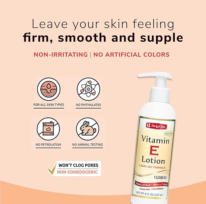 De La Cruz Vitamin E Cream for Face + Vitamin E Lotion for Skin Bundle - Moisturizing Skin Care for All Skin Types - Made in USA