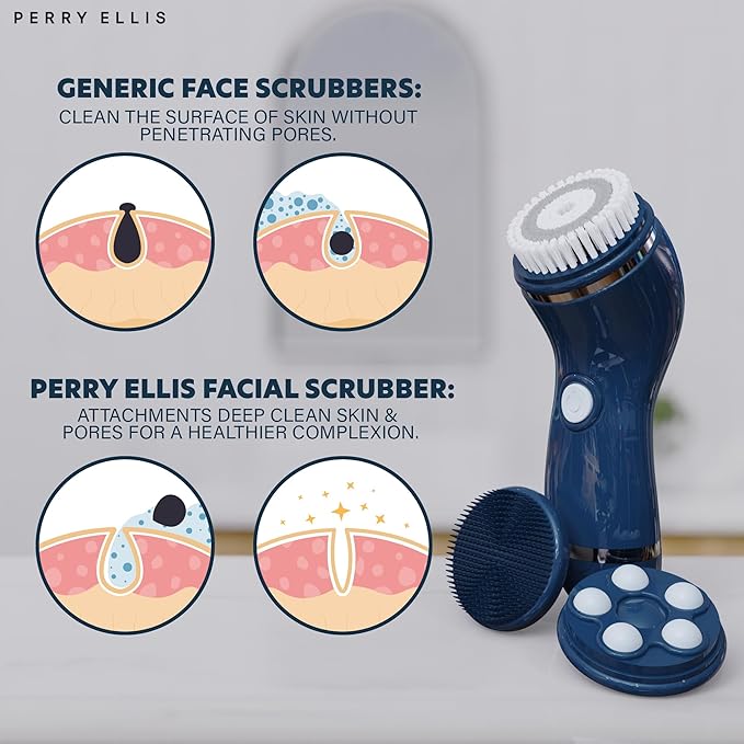 Perry Ellis 4-in-1 Cordless Facial Cleansing Brush & Facial Massager for Men | Face Brushes for Cleansing and Exfoliating | Face Massager, Facial Skin Care Products | Massage Tools w/ 4 Brush Heads