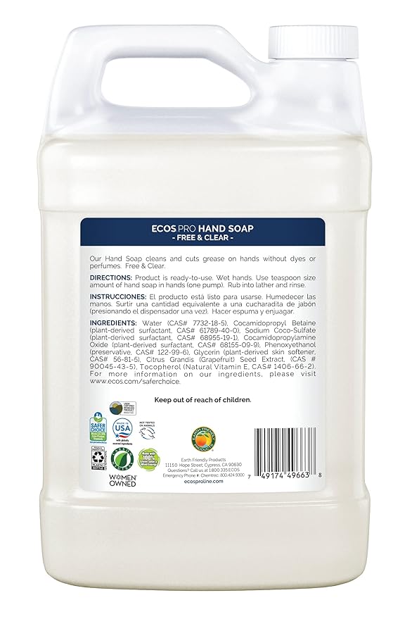 ECOS PRO Hand Soap Refill | Hypoallergenic | Unscented | Readily Biodegradable Formula | With Vitamin E & Antioxidants | Made In The USA | Free and Clear 1 GALLON/ 128 Fl Oz (Pack of 4)