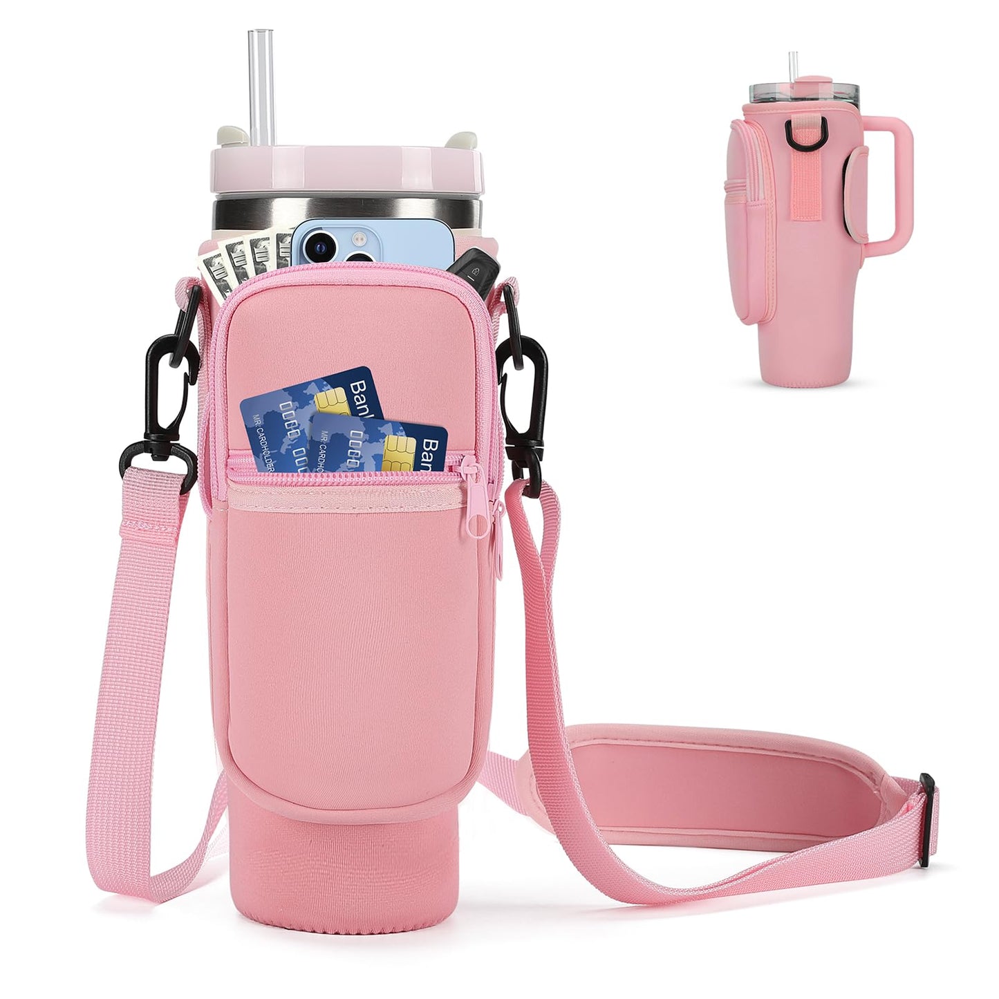 GOEWY Water Bottle Carrier Bag for Stanley 30oz Tumbler with Phone Pocket Water Bottle Holder with Strap Neoprene Water Bottle Pouch for Stanley Cup Accessories