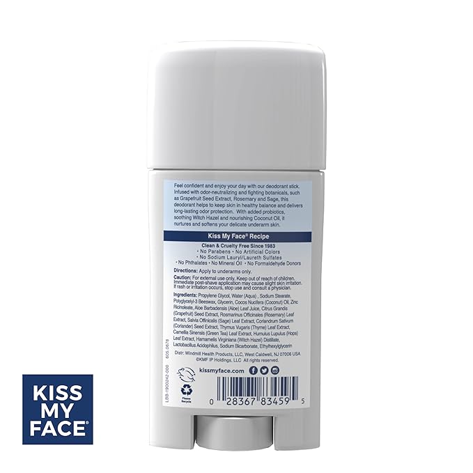 Kiss My Face Active Life Deodorant Contains Naturally Derived Ingredients, 72 Hour Odor Control | Deodorant for Women and Men, Aluminum Free with Coconut Oil and Probiotics, Fragrance Free, 3 pack