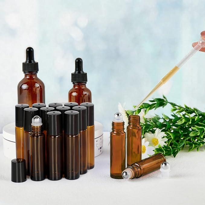 Essential Oil Roller Bottles, 24 Pack Hoa Kinh 10ml Empty Glass Amber Roller Bottles UV Protection with Stainless Steel Balls
