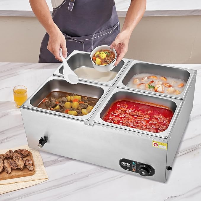 VEVOR 110V 4-Pan Commercial Food Warmer, 1200W Electric Steam Table 15cm/6inch Deep, Professional Stainless Steel Buffet Bain Marie 48 Quart for Catering and Restaurants