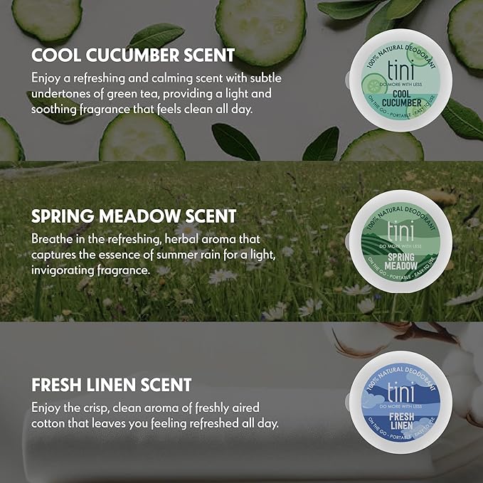 Tini Naturals Mini Travel Size Deodorant, Unisex Aluminum Free Deodorant with Coconut Oil & Shea Butter, 0.4oz each (12 Pack), Fresh Linen Scent