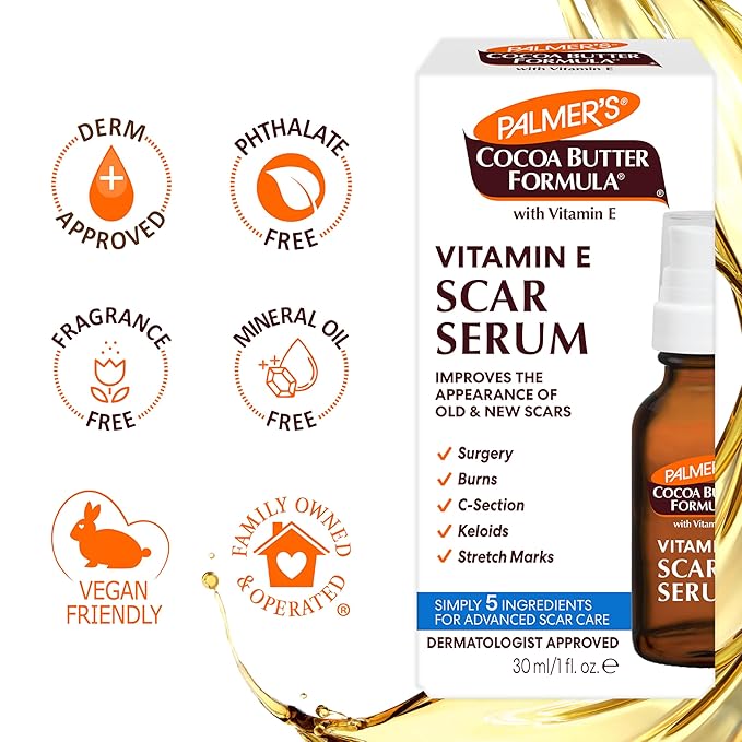 Palmer's Cocoa Butter Formula Scar Serum, Skin Brightening Oil for Face & Body, Concentrated Serum with Vitamin E, Fragrance Free, 1 Fl Oz