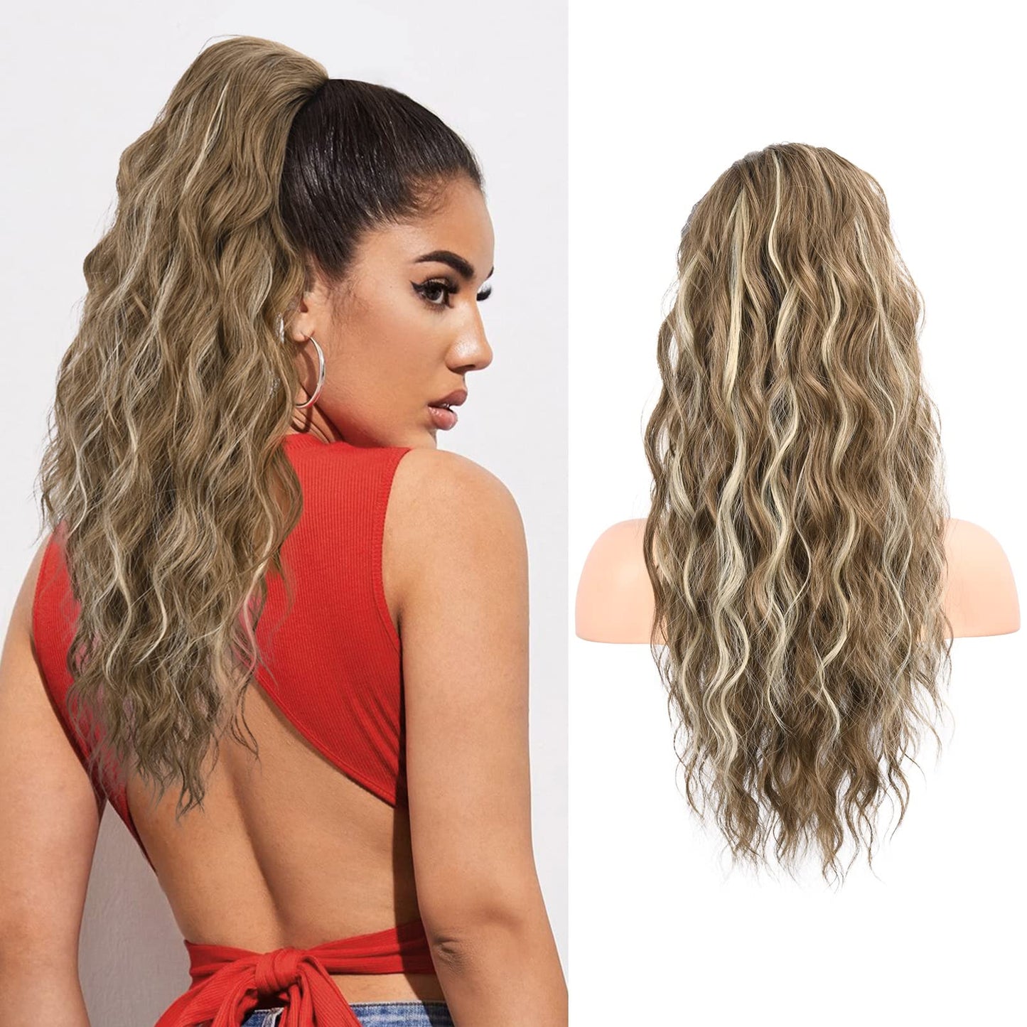 FLUFYMOOZ Ponytail Extension, 22 Inch Drawstring Ponytail Hair Extensions for Women, Long Curly Wavy Ponytail Natural Wavy Synthetic Hairpiece for Women (22 Inch Medium Brown Ash Blonde)