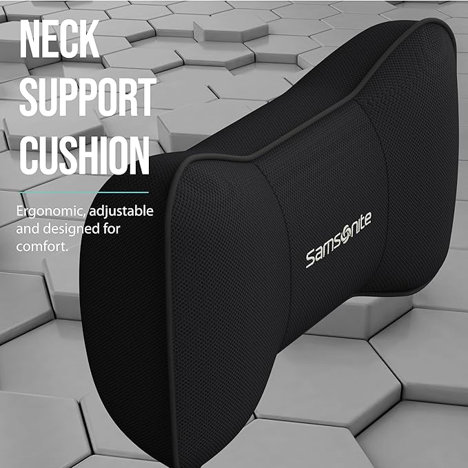 SAMSONITE Travel Neck Pillow – Memory Foam Car Seat Headrest Cushion, Ergonomic Neck Support for Driving, Adjustable Strap, Comfortable Head Rest for Long Trips, Travel Pillow for Cars & Office Chairs