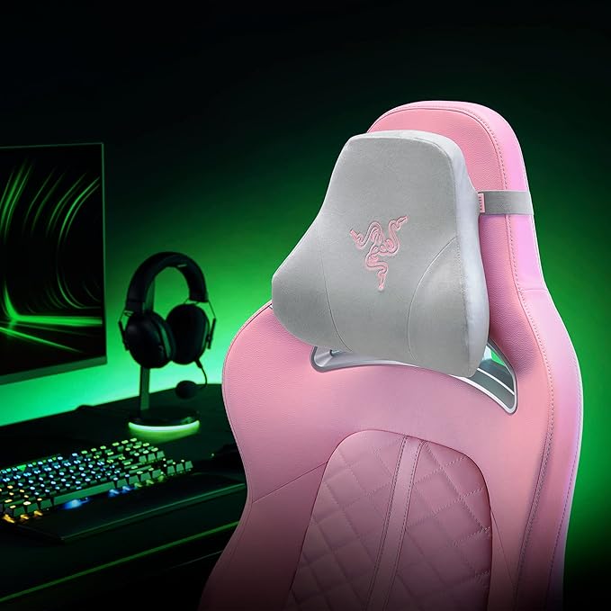 Razer Head Cushion Neck & Head Support for Gaming Chairs: Ergonomically Designed - Memory Foam Padding - Wrapped in Plush Pink Velvet - Quartz