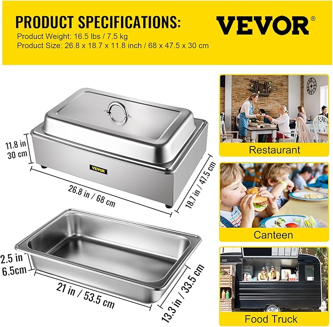 VEVOR Commercial Food Warmer, Full-Size 1 Pot Steam Table with Lid, 9.5 Quart Electric food Warmers, Grade Stainless Steel Bain Marie Buffet Equipment, Fits 21 x 13.2 Pan, 400W, for Restaurant, Sliver
