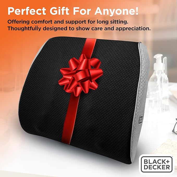 BLACK+DECKER Memory Foam Lumbar Support Pillow Lumbar Cushion with Multiple Massage Points for Office, Car, Wheelchair & Airplane Ergonomic, Pain Relief, Adjustable Strap, Washable Cover, Black/Grey