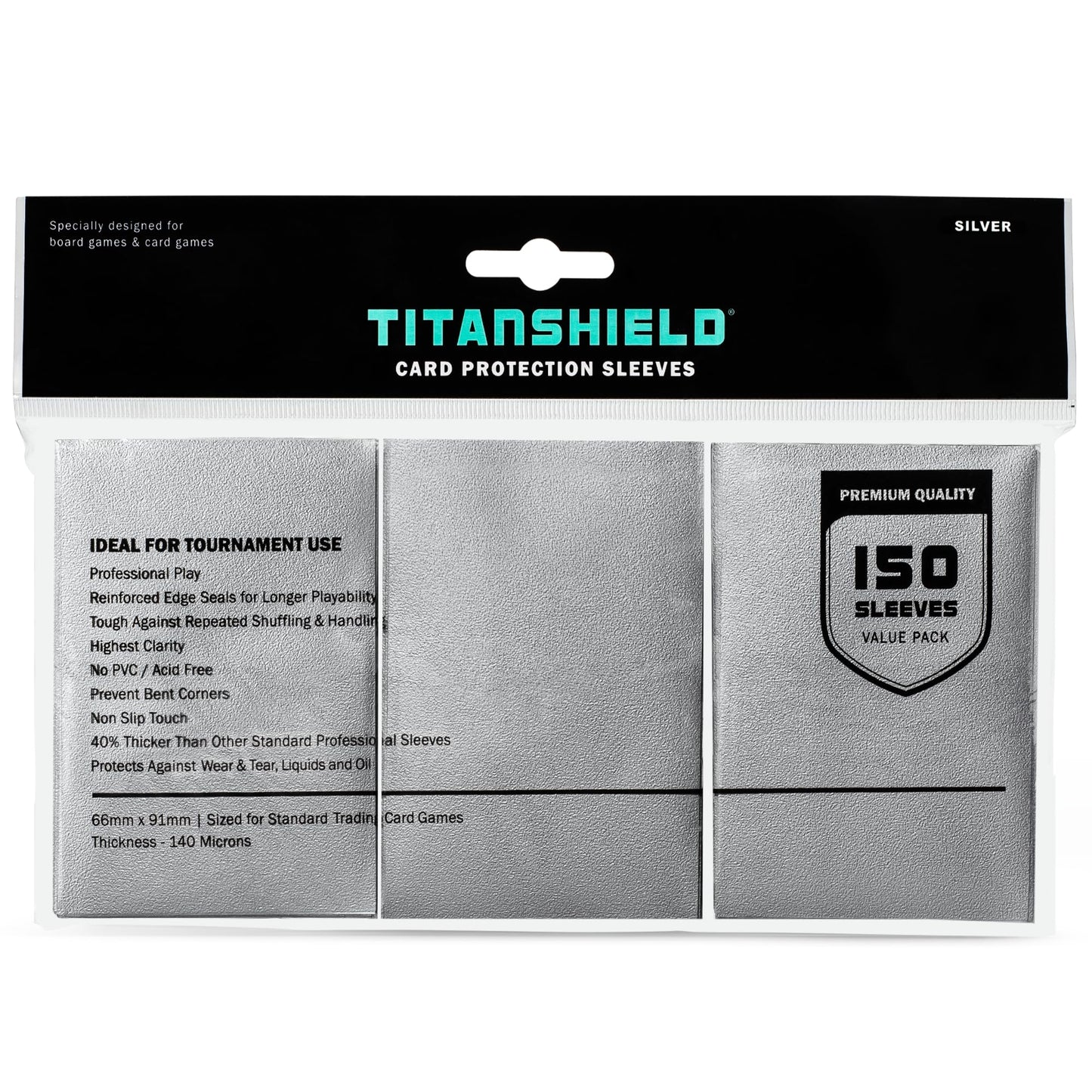 TitanShield (150 Silver Sleeves) Compatible with MTG Magic The Gathering, Lorcana, Board Games and Trading Cards 2.5" x 3.5" 66x91mm