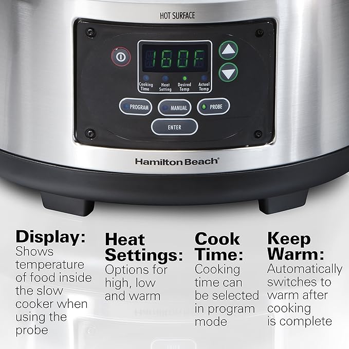 Hamilton Beach Digital Programmable Rice Cooker & Food Steamer & Portable 6 Quart Set & Forget Digital Programmable Slow Cooker Lock, Dishwasher Safe Crock & Lid, Temperature Probe, Stainless Steel