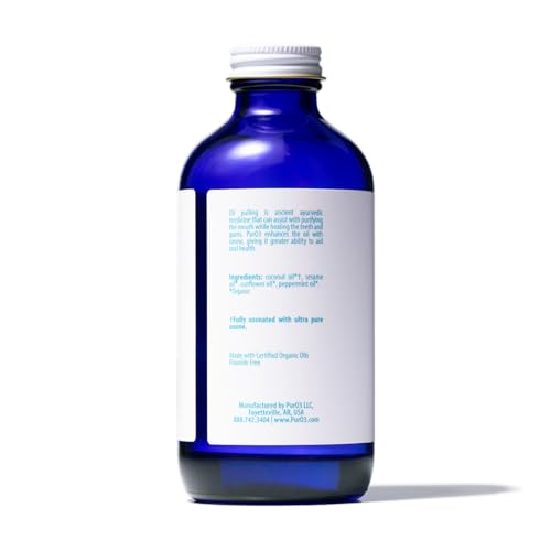 PurO3 Ozonated Oil Pulling Solution - Organic, Ozone Infused Coconut, Sesame, Sunflower, & Peppermint Essential Oils for Teeth & Gums - Fluoride-Free, Non-Toxic & Non-GMO Oral Care, 8 oz
