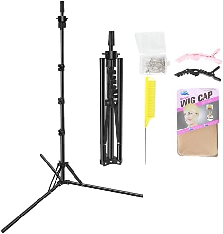 Mannequin Head Stand, Upgrade Foldable Wig Stand Tripod for Cosmetology Hairdressing Training, Metal Adjustable Wig Head Stand with Wig Caps, T-Pins, Comb, Hair Clips