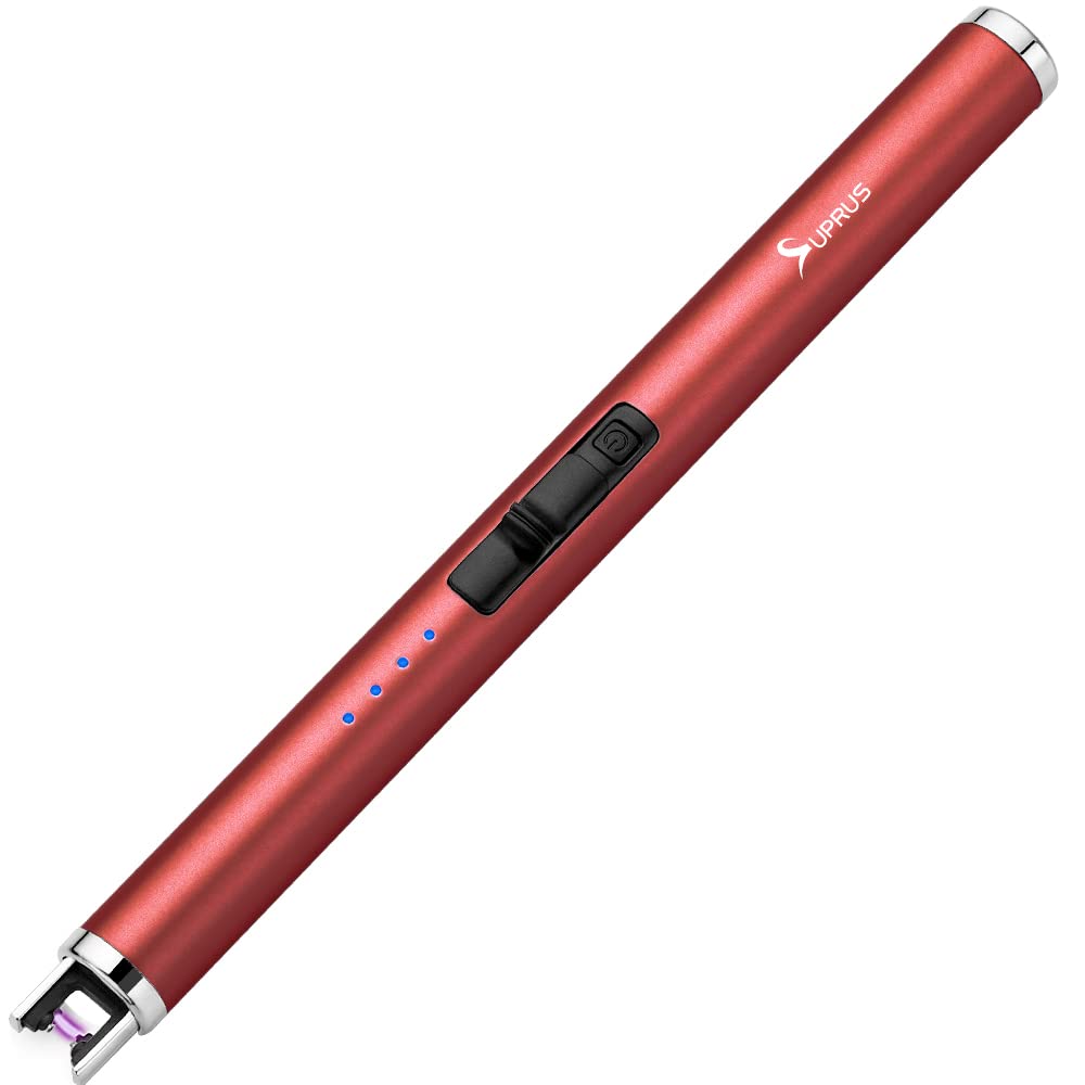 SUPRUS USB Type C Rechargeable Lighter with Upgraded LED Battery Display Safety Switch Flameless Plasma Windproof for Candle Cooking BBQs Fireworks, Electric (Red)