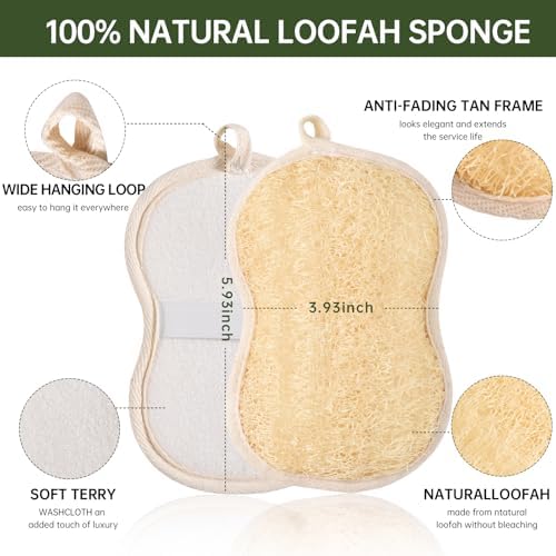Natural Loofah Bath Sponges with Cotton Rope Exfoliating Body & Face Scrubber Reusable & Eco-Friendly,Soap Loofa Shape- Large 3PCS