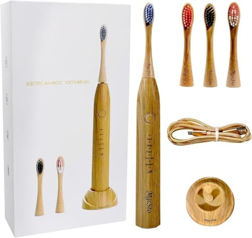 Electric Bamboo Toothbrush Sonic Toothbrush - 4 Replaceable Bamboo Brush Heads Eco-Friendly IPX7 Waterproof Electric Toothbrush, One-Button Switch Five-Mode Brushing