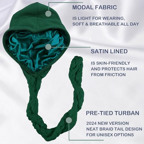 Babalet Halo Turban for Men Women Satin Lined Durag Skull Cap Pre-Tied Handmade Braids Tail Beanie Sleeping Bonnet,Black/White,2PCS