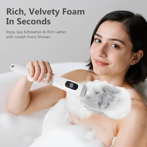 Electric Body Brush Back Scrubber for Shower - 3 in 1 Waterproof & Rechargeable with Long Handle, 3 Heads & 2 Speeds for Foam Generating, Cleansing, Exfoliating, Foot Callus Remover